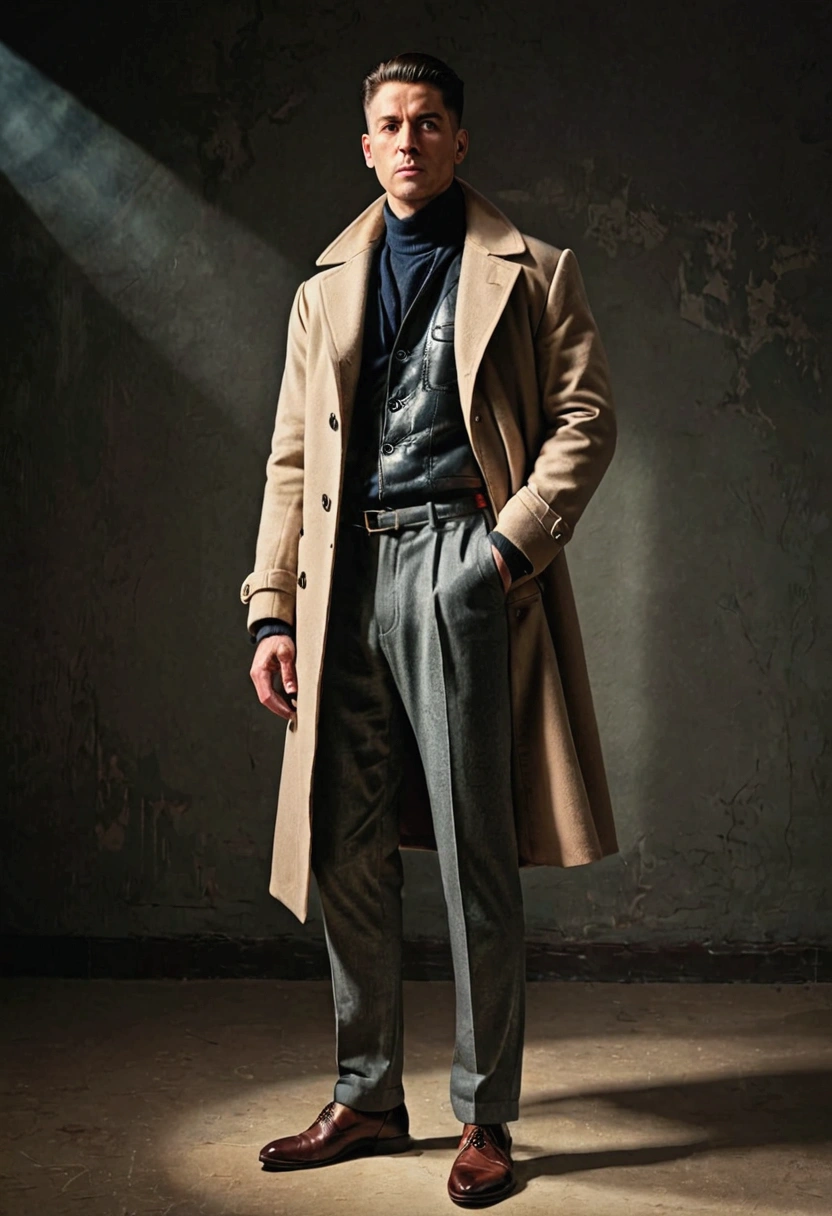 A man in a standing position wearing coat and pants