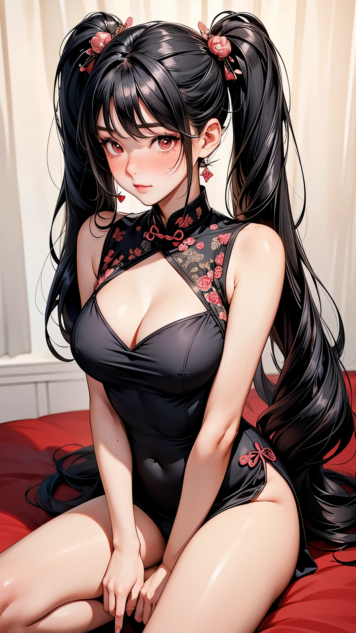 High quality illustrations。A seductive adult woman。With defined eyeliner。Her skin is flesh-colored、She has black hair。Her hairstyle is twin tails with vertical roll curls on each side.。Red eyes。She is wearing a black cheongsam。Have big breasts、She has good style、Blushing and looking happy。Crouching and standing on tiptoes with legs apart。Holding a used condom in one hand.。It has a slit in the chest area.。The front is hidden like a curtain。,(full Blush:1.7)