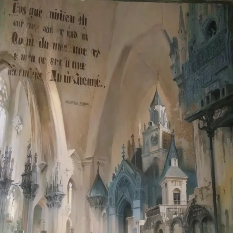 painting of a church with a poem in it on a wall, by Juan Gimenez, a poster, poster, by Germán Londono, by Carlos Enriquez Gomez, senor salme, poster vintage, 256x256, 2 5 6 x 2 5 6, by Santiago Martínez Delgado