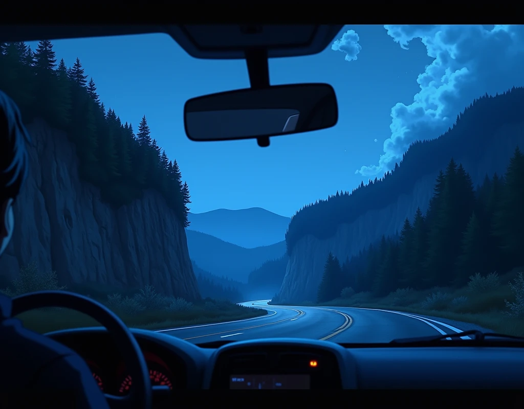 Interior of a car, the night with the cloudy sky, a road with a cliff on the left side and a forest on the right in the view of the windshield, a blue setting in Anime style