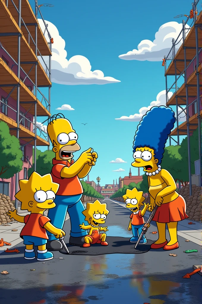 Create an image of the Simpsons working on asphalt