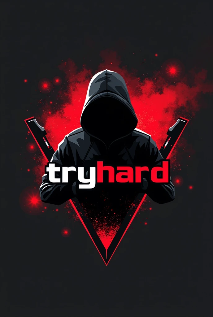 Design a logo for a "tryhard" gamer that embodies intensity and dedication in competitive gaming. The logo should feature sharp, dynamic shapes, with bold lines and a sleek, modern aesthetic. Incorporate elements such as a stylized game controller, crosshairs, or a weapon silhouette to reflect the gaming focus, particularly for FPS genres. The typography for "Tryhard" should be aggressive yet minimalist, with a powerful font that stands out. Use a limited, bold color palette like black, red, and white to enhance the competitive, high-energy feel of the logo.