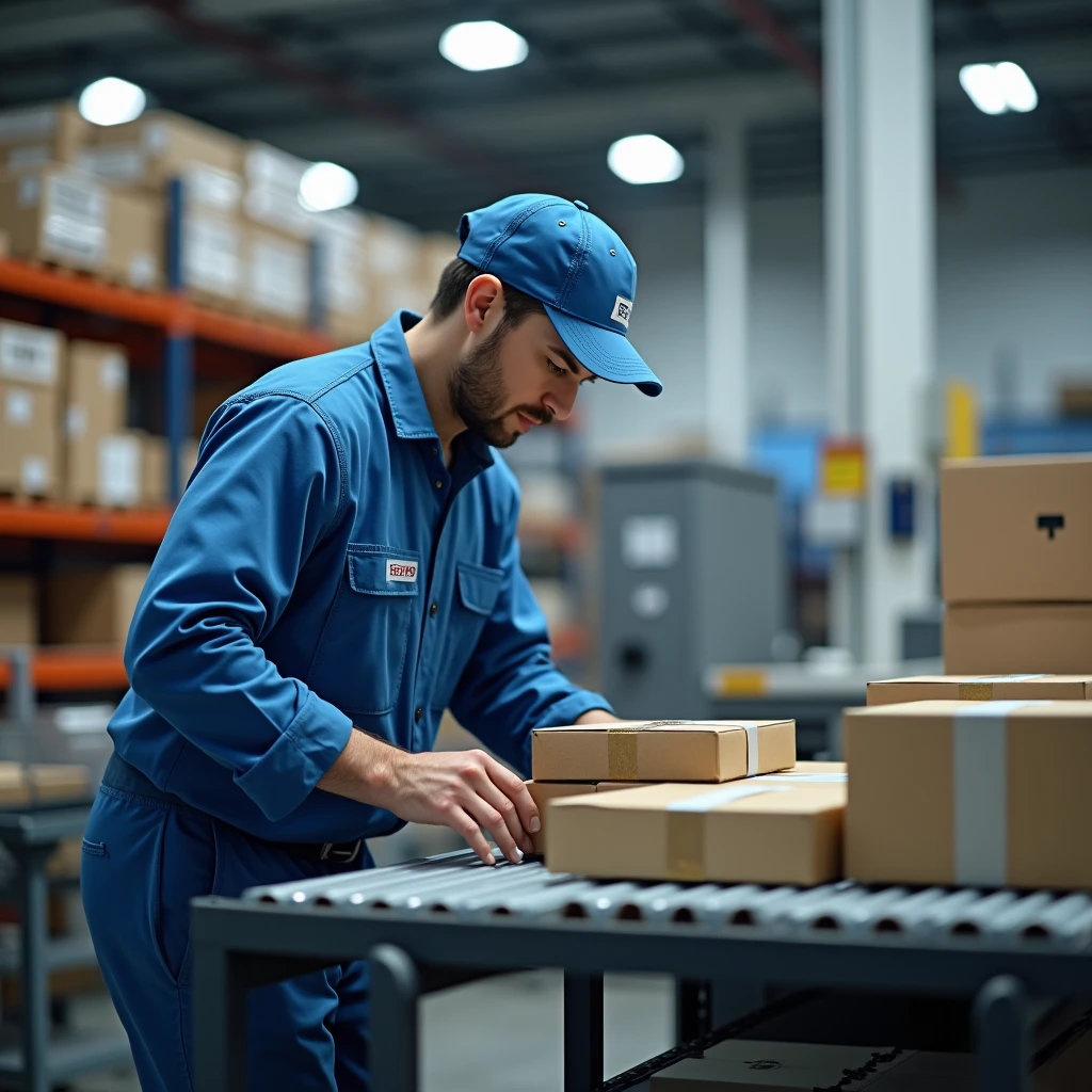 A realistic and professional scene depicting a man working as a goods packer-assembler (fasovshchik-komplektovshchik) during the product packaging and assembly process. The man is dressed in a blue uniform, including a work shirt, pants, and possibly a cap, reflecting his role in a professional environment. He is actively engaged in the task, carefully assembling and packaging products at a workstation or on a conveyor belt. The background shows a well-organized warehouse or production area, with shelves of products, packing materials, and tools. The focus is on the man's concentration and skill as he performs his duties, emphasizing the efficiency and professionalism of the work environment. The overall atmosphere conveys a sense of precision, responsibility, and expertise.