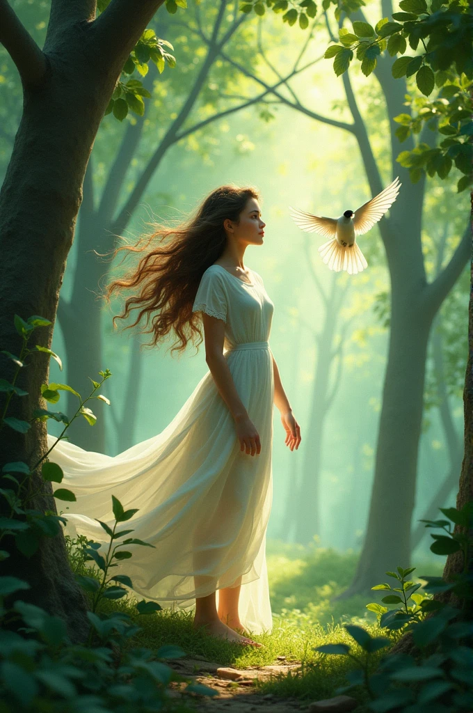 woman in a forest, bird flies near his face