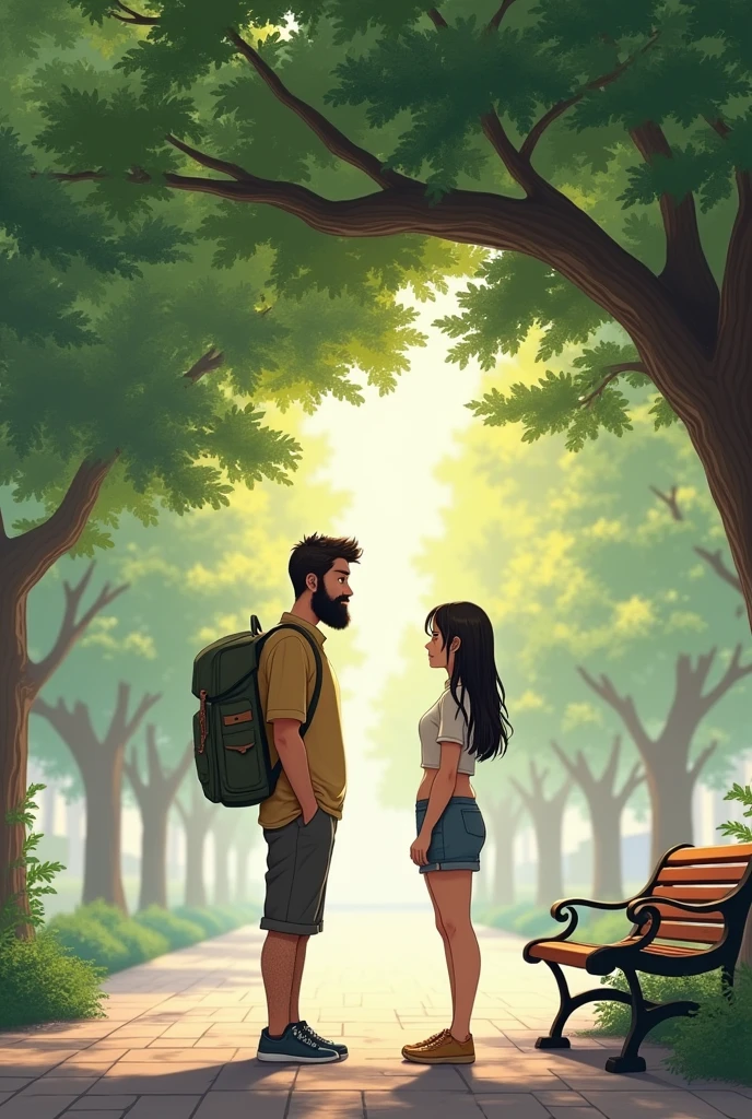 A meeting in a tree-lined square between a man (40 year old, Cao Cao, Scrawny, unshaven beard, with a travel backpack on the side) is a woman (3, Average height, Long dark hair, a little chubby). They are virtual lovers and are meeting for the first time., coming to meet each other for a warm embrace under a tree under which there is a bench.
