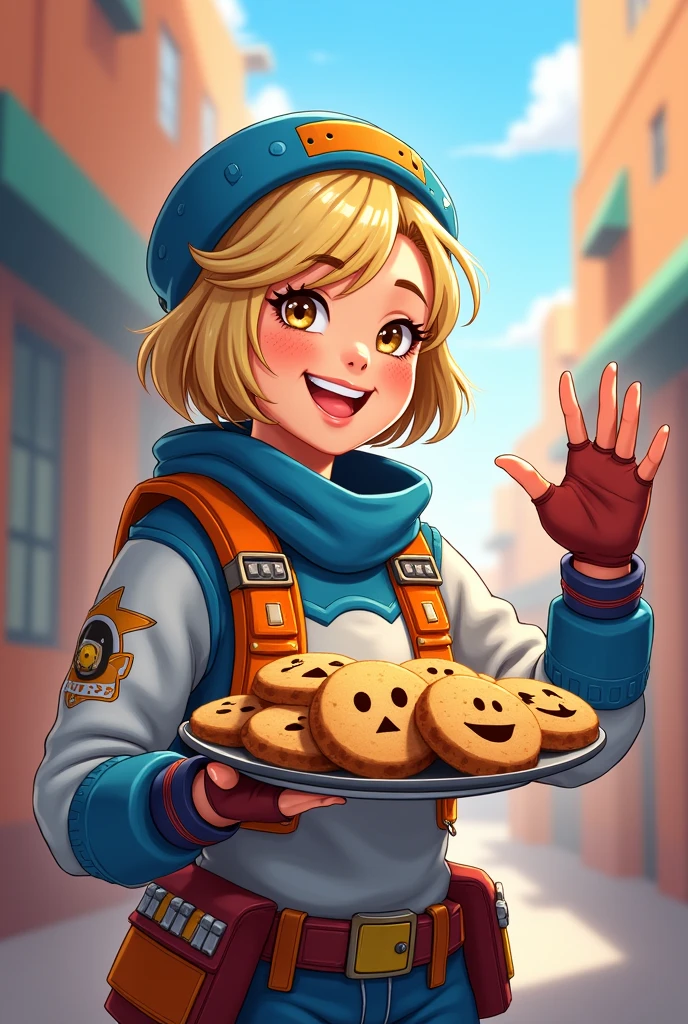 apex legends smile wattson charakter wattson (apex legends) girl blue headwear holding cookies emoji woman waving freckles
