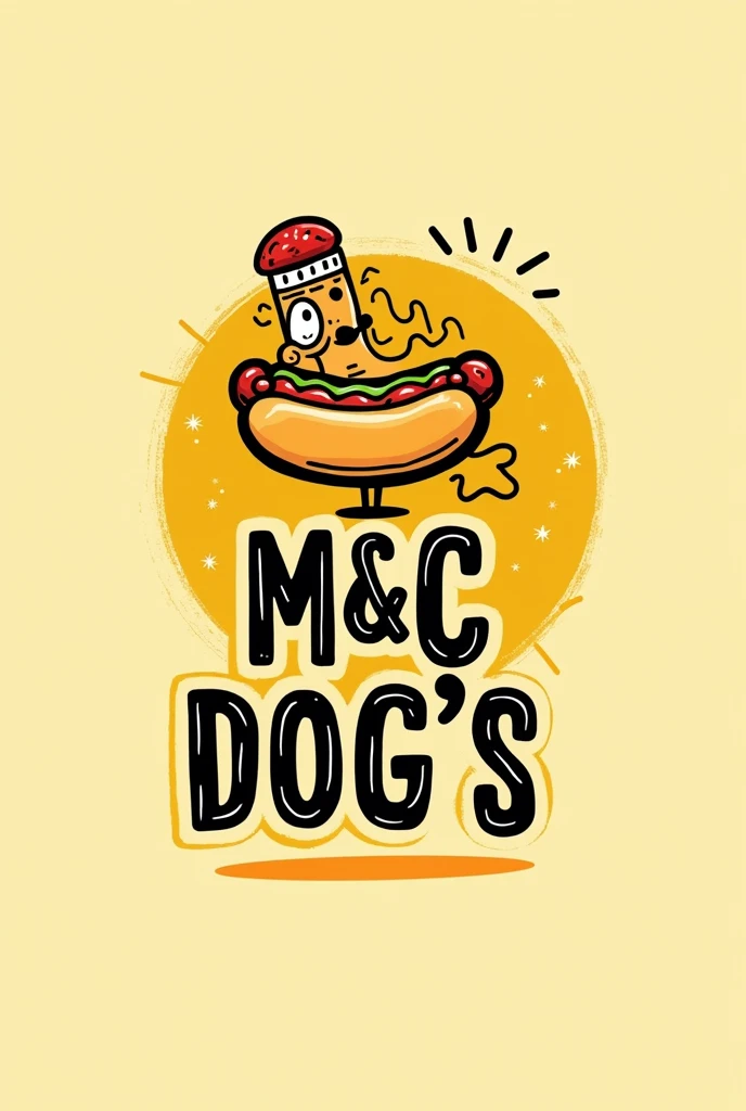 A hot dog logo with the brand "M&C Dog's" with black and yellow colors
