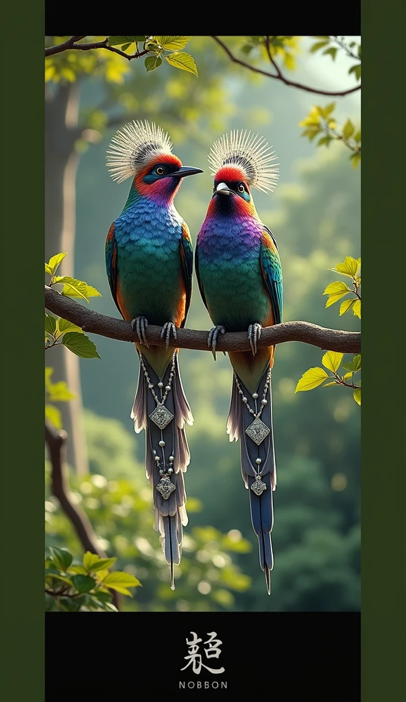 Create an 8K high-resolution image of two exotic, vibrant birds perched on a branch in a lush forest setting. The birds should have striking, multi-colored feathers with intricate patterns resembling gemstones, including shades of blue, purple, red, and green. They are wearing traditional Asian-style conical hats with elegant silver adornments. The birds' long, graceful tail feathers should feature ornate white designs with bead-like decorations. The background should be softly blurred, with natural sunlight filtering through the dense green foliage, creating a magical, serene atmosphere. Capture the details of the birds’ feathers and the hats in ultra-sharp resolution, ensuring a visually stunning and realistic appearance."
