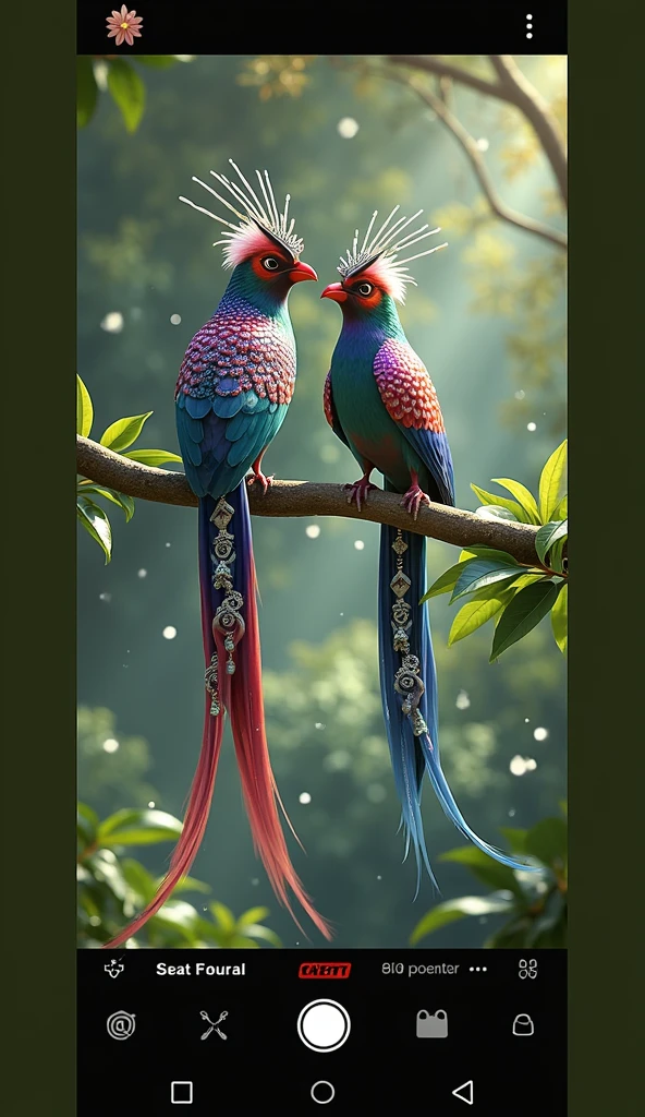 Create an 8K high-resolution image of two exotic, vibrant birds perched on a branch in a lush forest setting. The birds should have striking, multi-colored feathers with intricate patterns resembling gemstones, including shades of blue, purple, red, and green. They are wearing traditional Asian-style conical hats with elegant silver adornments. The birds' long, graceful tail feathers should feature ornate white designs with bead-like decorations. The background should be softly blurred, with natural sunlight filtering through the dense green foliage, creating a magical, serene atmosphere. Capture the details of the birds’ feathers and the hats in ultra-sharp resolution, ensuring a visually stunning and realistic appearance."
