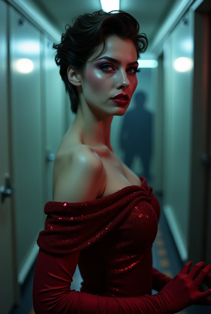 A close-up of a sensual seduction scene in A Bewitching: A glamorous female singer with overwhelming beauty and heavy makeup, wearing her stage costume of a crimson glitter off-the-shoulder dress, suddenly appears from the shadows of an empty, eerily bright ship's corridor and seductively beckons a lost man. The man succumbs to his carnal desires and gives in to the temptation, losing himself in the pursuit of the woman's voluptuous buttocks as he is led along. The woman enters the elevator, which is stopped at a dead end with its doors open, and urges him to enter, saying that they should do something naughty inside. However, the elevator is broken, and in fact the entire bottom panel has fallen out, revealing an abyss inside the shaft. She is a lost evil spirit who lures the living to death. Demonic, evil, lascivious smile showing teeth and tongue, tilting head, seductive gaze, looking at viewer, front, pov, focus on woman, bust shot, bright and strong overall lighting, brunette with short perm, reflective blue eyes, wet and shining red lips, aesthetic, glamor, soft and curvy, white skin, neck, collarbone, shoulders, cleavage, huge breasts, red long gloves,