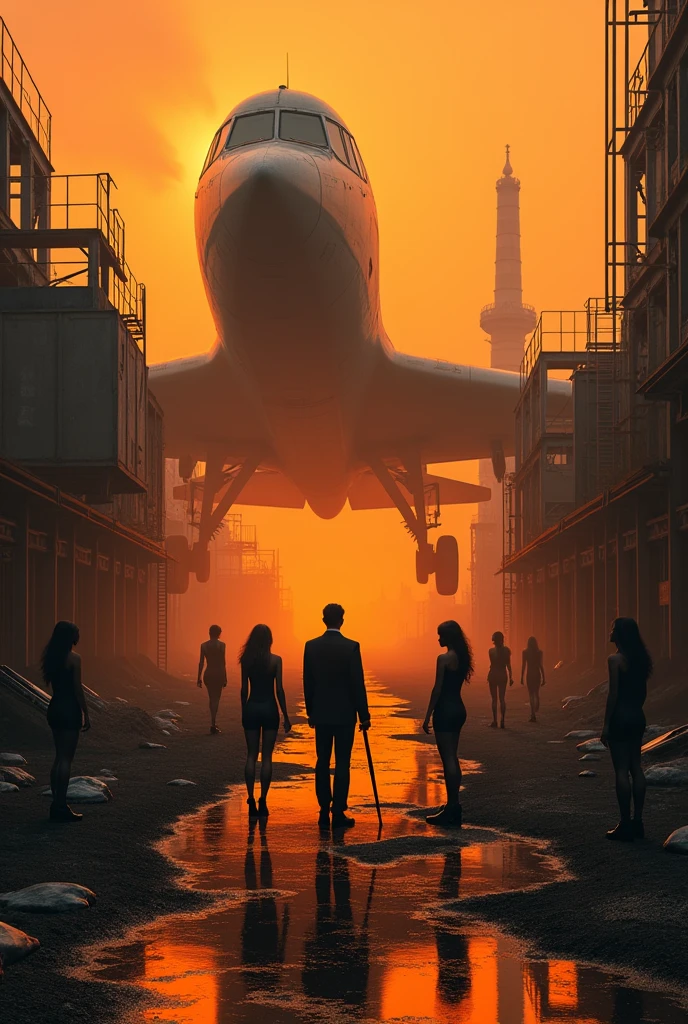 3D Style,Aerial Photography,Two-color,black,orange,Photographer holding camera and tripod,Photo pose,With several beautiful models,commanding,factory,taller,Aircraft depot,Abandoned fighter plane,Wide-angle lens