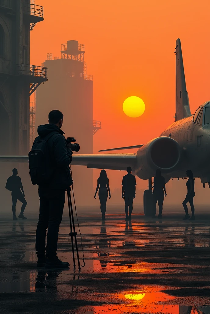3D Style,Aerial Photography,Two-color,black,orange,Photographer holding camera and tripod,Photo pose,With several beautiful models,commanding,factory,taller,Aircraft depot,Abandoned fighter plane,Wide-angle lens
