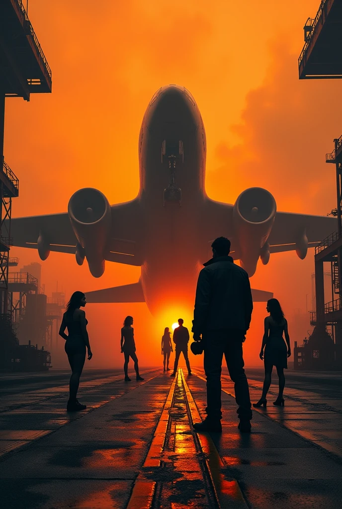 3D Style，Aerial Photography，Two-color，black，orange，Photographer holding camera and tripod，Photo pose，With several beautiful models，commanding，factory，taller，Aircraft depot，Abandoned fighter plane，Wide-angle lens