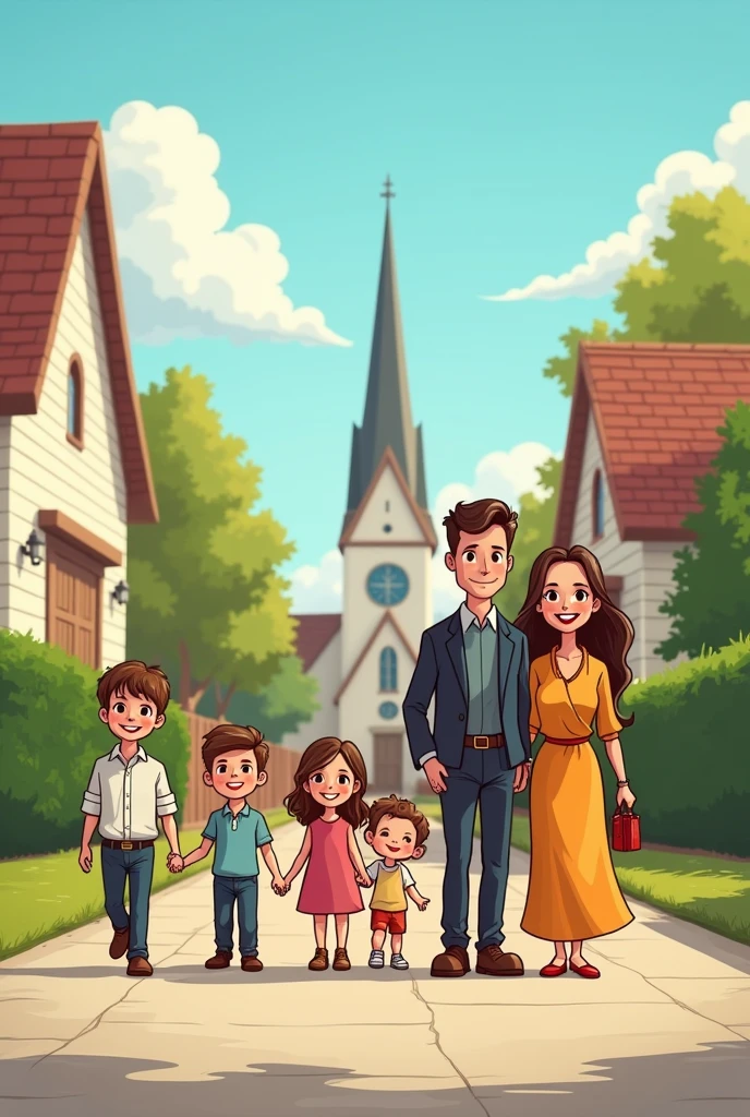 (cartoon), a family consist of mother and  father with 5 kids wearing dress and formal going to church
