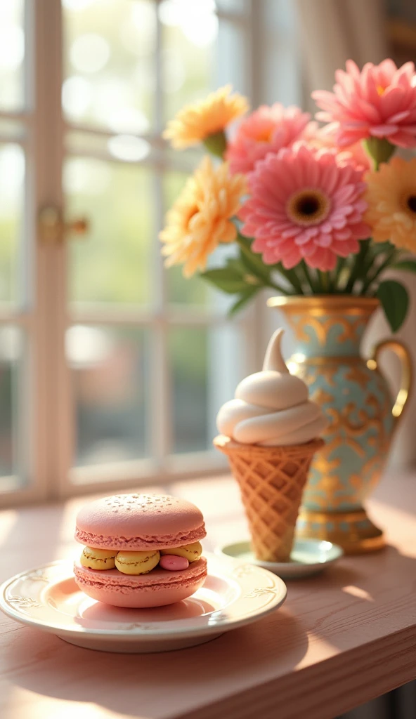 pretty cafe, macaroon, ice cream, pretty vase, Bright sunshine