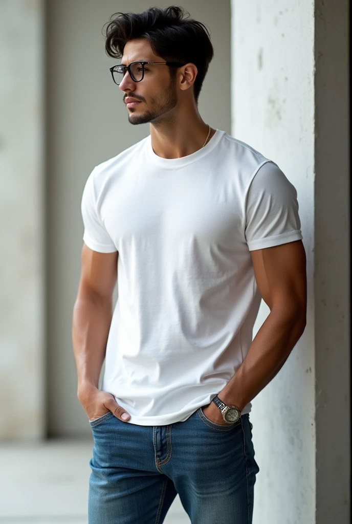 Create an image of a non existing person with looks and characteristics of arjuna character in mahabharatha and the person wearing white classy tee shirt with blue jeans with decent and classy look in spectacles and decent hairstyle 