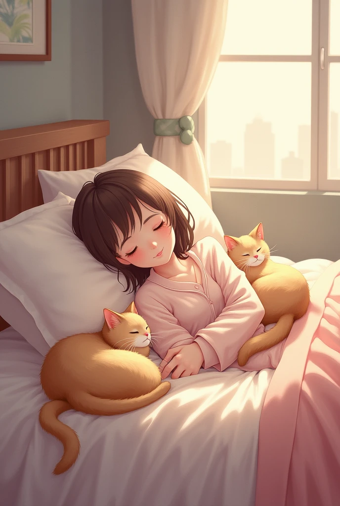 Can you create me an illustration, a girl sleep with her cats on the bed. Make it an aesthetic wallpaper