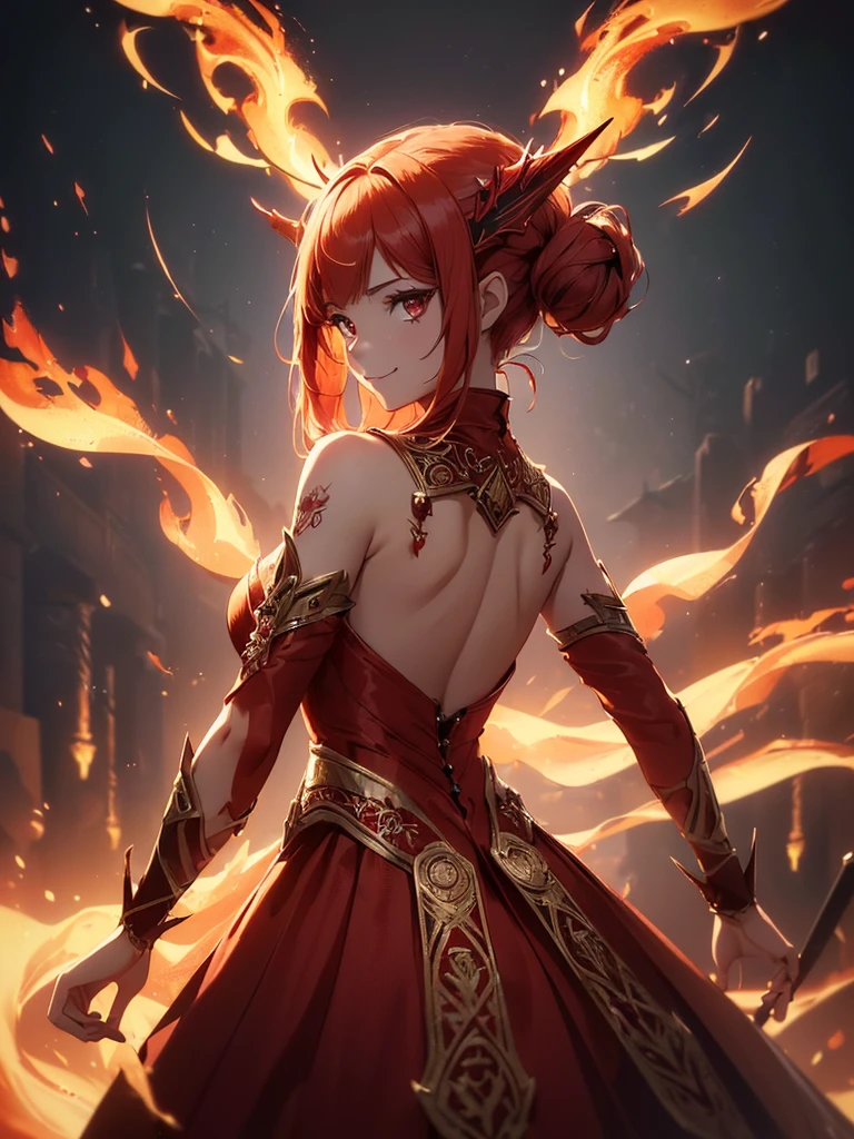 (((best quality, sharp image, clear image, cinematic lighting, 8k resolution, masterpiece, ultra detailed, intricate))) Girl, sorcerer, cute, intricate dress, smiling, fiery red, ((intricate background)), (rune frame), dimension, ((shot from behind)), fire sigils, chaotic background, ((half-body shot))