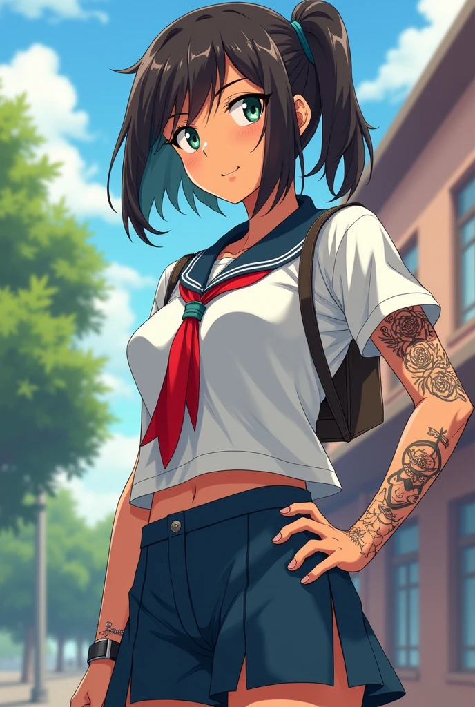 Anime tomboy girl in a school uniform with tanned skin. Good figure, has a tattoo on his arm, about 17-1.