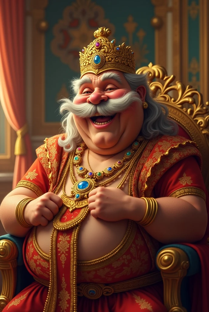 A cute old Indian king with moustache and a big stomach laughing with genuine happiness
