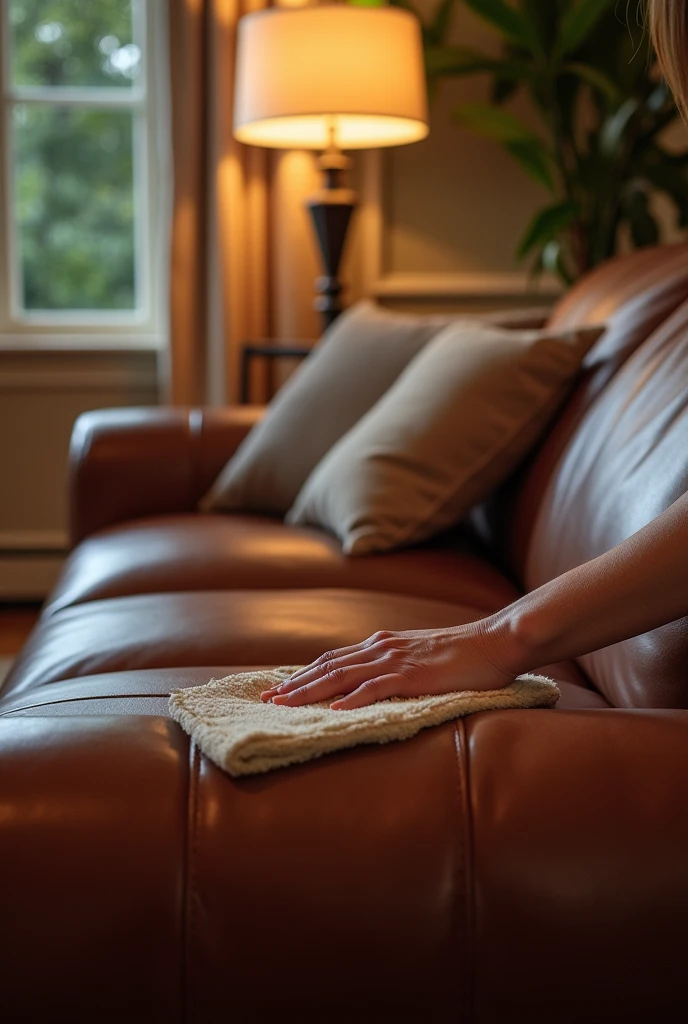 A person cleaning a sofa made of leather with leather conditioner of a house which has nice interiors