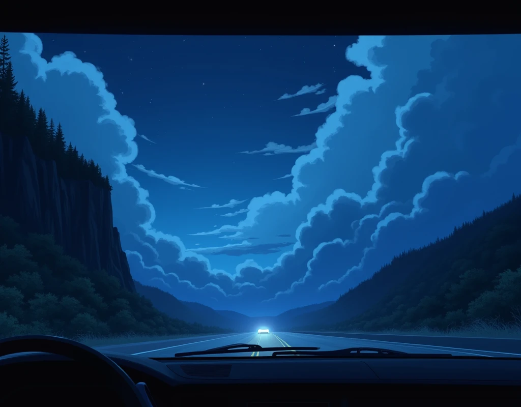 Interior of a car, the night with the cloudy sky, a road with a cliff on the left side and a forest on the right in the view of the windshield, a blue setting in Anime style