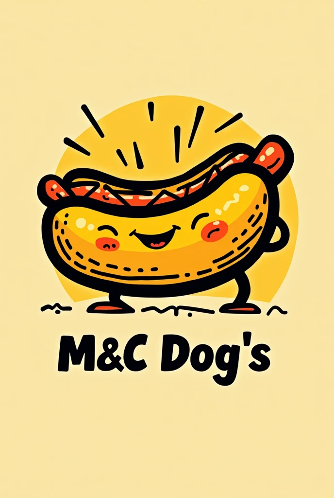 A hot dog logo with the brand "M&C Dog's" with black and yellow colors