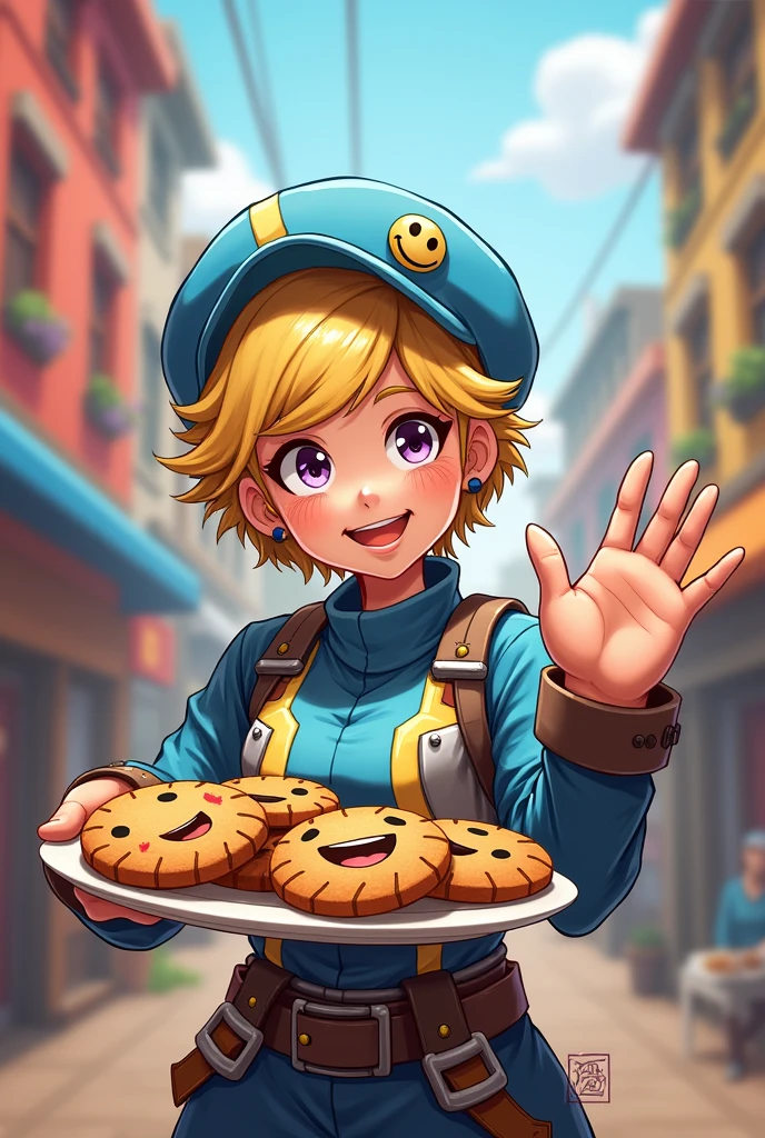 apex legends smile wattson charakter wattson (apex legends) girl blue headwear  holding cookies emoji  woman waving freckles