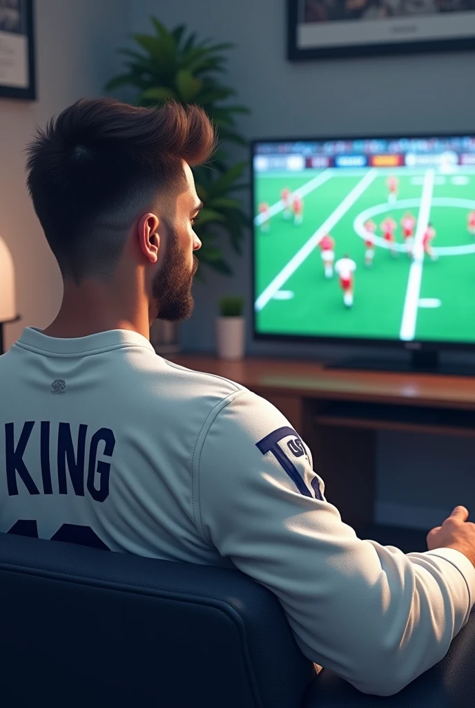 Male fan sitting on the couch wearing an all-white team uniform with only the number 10 and the name King watching a football game on television, with the all-white team uniform, on an office desk