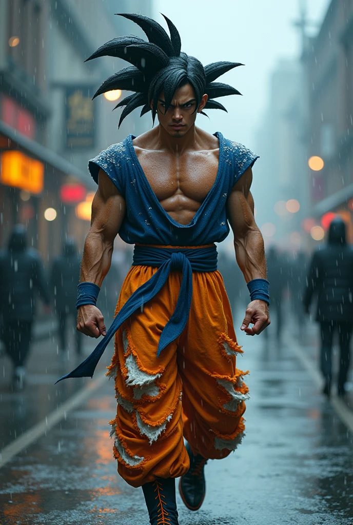 Rain, fragments splash Snowflakes, particles blender Cinematic Composition A realistic photoshoot of an actorSimilar Japanese male model cosplaying dragon ball classic Uniform blue orange white, hair style conceptual messy wind akira toriyama as from RAW photography tmasterpiece Anthropomorphic humanoid freeza nanopunk suit goku ssj4 primal Saiyan's rage facing eyes glow red red gold Torn Viking costume wearing Street attire, Walk wildly through the crowd, intricately details, Intricate work by Gribors, Behind the city, fit-muscled body, Large muscles, Muscular arms, Small head, Scary ogres, Titan soft lighting, Ultra photo realsisim, gentle illumination, sinister environment filmed by Zack Synder variant angles dynamic 