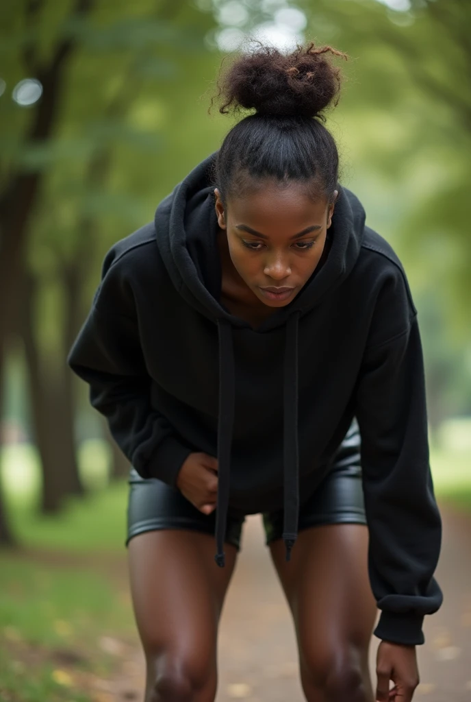 black woman hair in a bun black hoodie black leather short shorts bending over getting fucked in the ass by a old ugly woman in a dress in a park
camera low angle