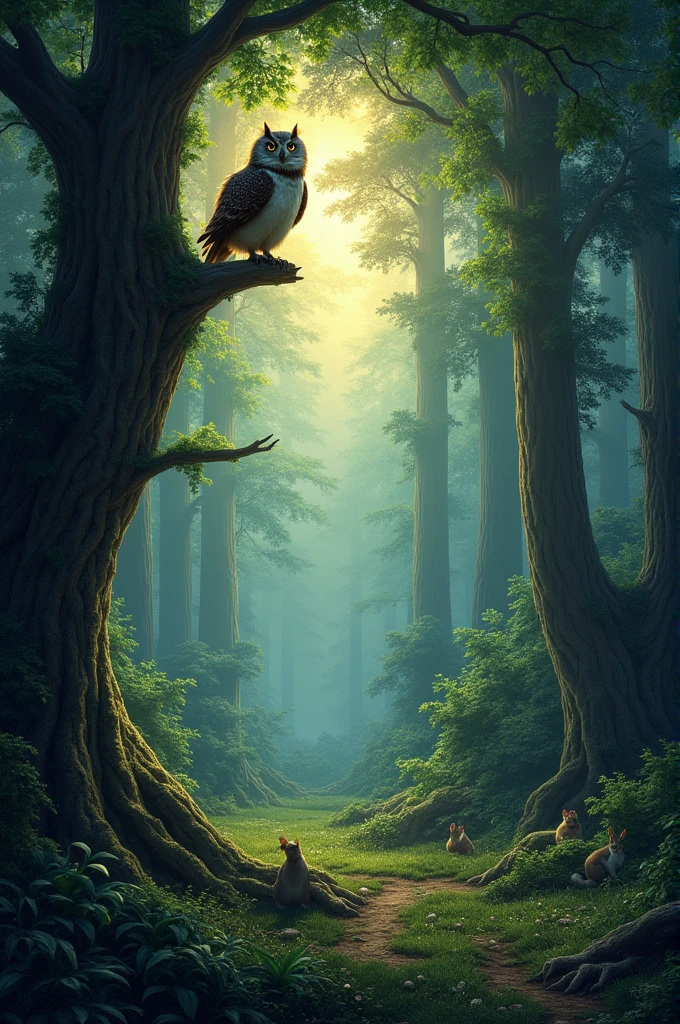 A dense and vibrant forest at dusk with tall trees, thick foliage, and a variety of small animals peeking out. The scene is serene, with soft twilight hues illuminating the greenery. In the background, there's a large tree with a wise old owl sitting on a high branch, looking thoughtful.