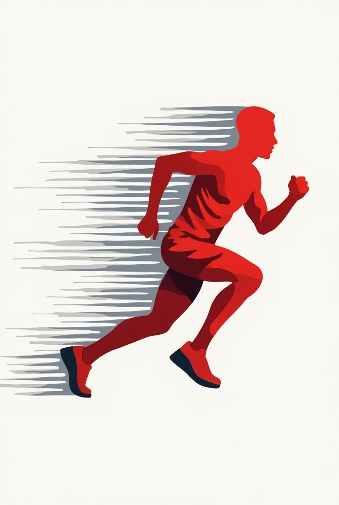 Create a vector of a stylized silhouette of an athlete running. The silhouette should be drawn with fluid and angular lines., capturing the dynamic movement and energy of the athlete's body. The athlete's position should be leaning forward, as if he were in the middle of a race, symbolizing determination and progress. The lines of the body should suggest the shape of the letter 'P' in a subtle way, integrating the PLAYFIT brand identity into the design.
Add lines of movement emanating from the back of the silhouette, creating a sense of speed. These lines should be thin and angular., directed forward and upward, reinforcing the concept of progress. Use a predominantly red color palette for the athlete's body, with metallic gray details on the movement lines, and black for shadows or outlines. The overall style should convey energy, modernity and strength.