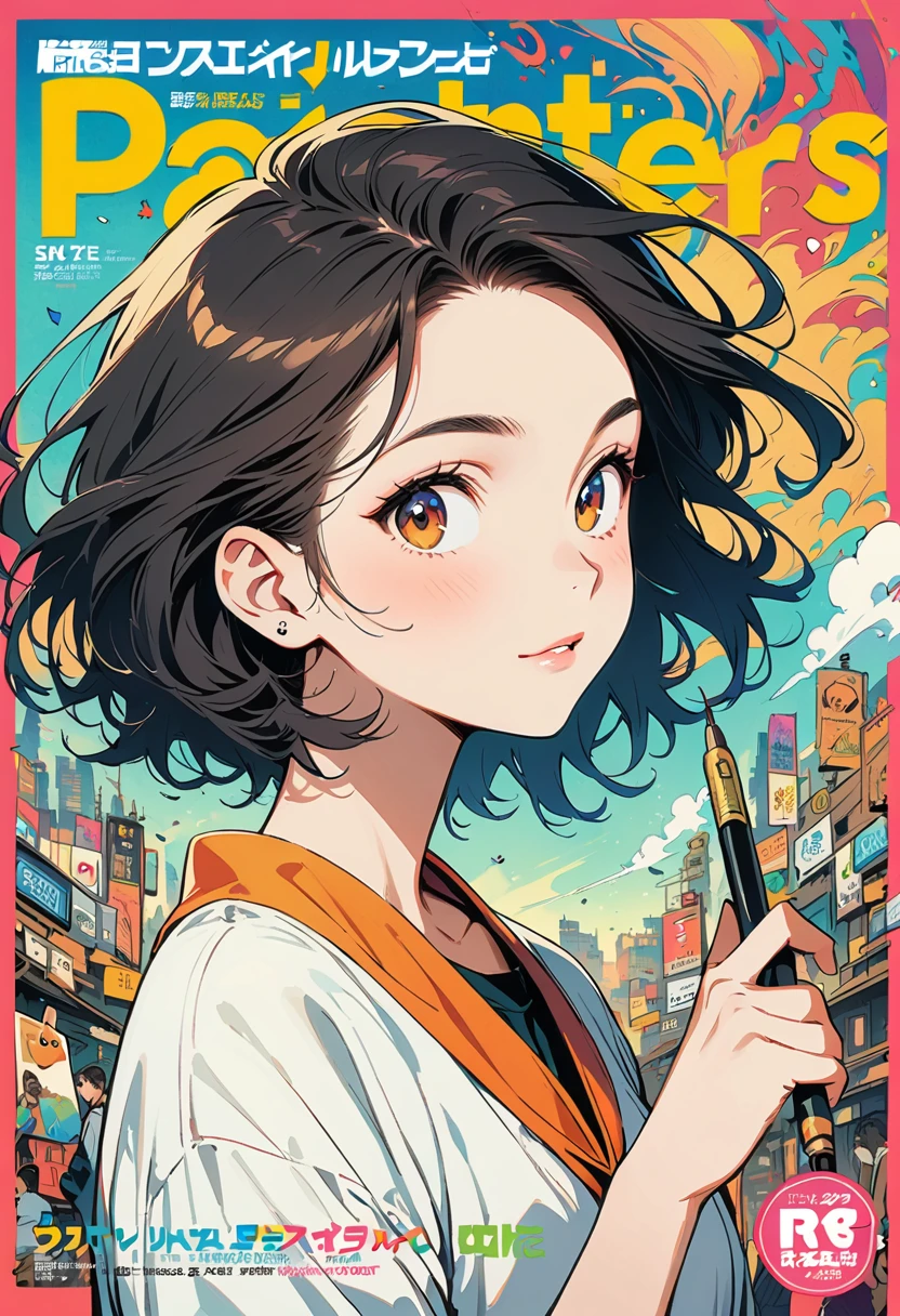 Manga cover, all dressed as painters, Artists, shonen magazine, stylized background, inking, coloured background