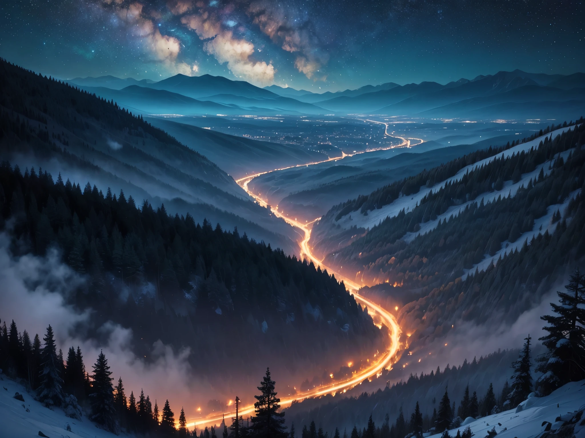 Lush view from atop a hill, night and dark to valley, Mountain chain, dense forest and river, epic starry sky, some meteors,
