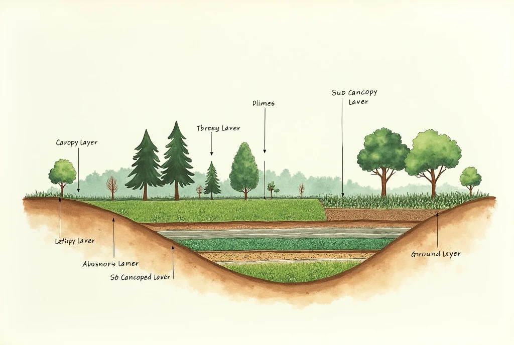 A hand-sketched, simplified landscape image of an 86-hectare sustainable farm in South Africa, featuring the 'Trees as Natural Greenhouses' concept. The sketch should include tall trees labeled 'Canopy Layer', mid-sized trees and plants labeled 'Sub-canopy Layer', and ground-level crops labeled 'Ground Layer'. Include a simple sketch of an irrigation system labeled 'Irrigation'. The image should have a minimalistic and clean design with clear labels and a title at the top: 'Sustainable Farming on 86 Hectares'.
