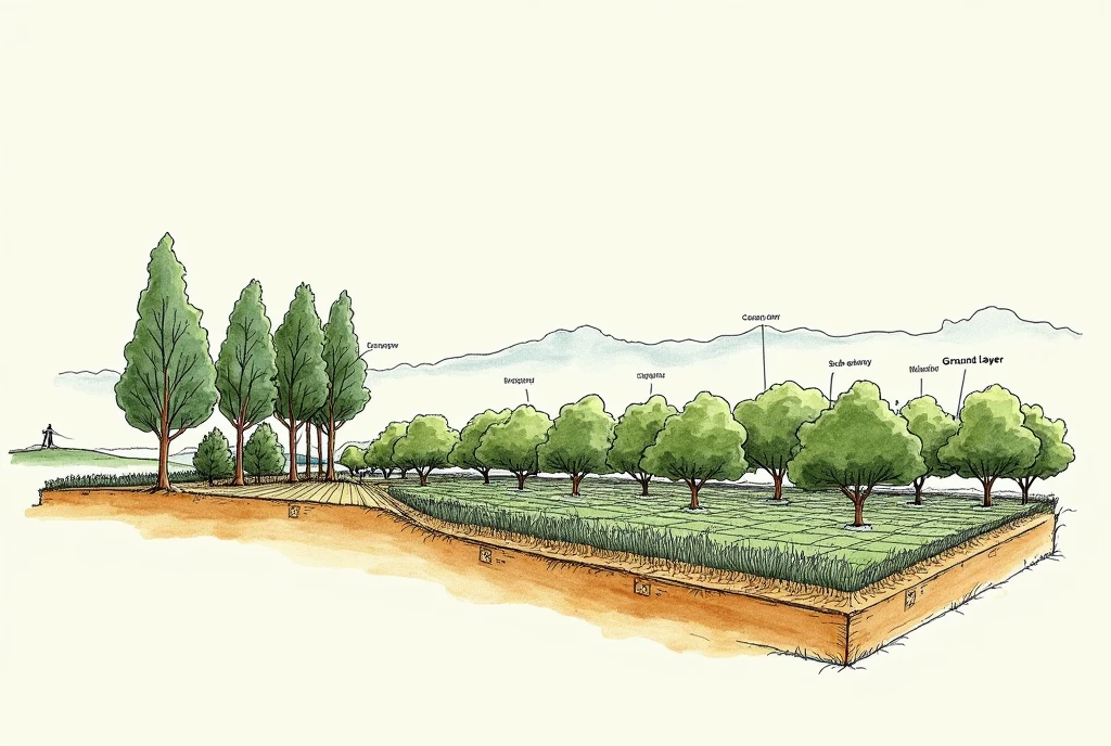 A hand-sketched, simplified landscape image of an 86-hectare sustainable farm in South Africa, featuring the 'Trees as Natural Greenhouses' concept. The sketch should include tall trees labeled 'Canopy Layer', mid-sized trees and plants labeled 'Sub-canopy Layer', and ground-level crops labeled 'Ground Layer'. Include a simple sketch of an irrigation system labeled 'Irrigation'. The image should have a minimalistic and clean design with clear labels and a le at the top: 'Sustainable Farming on 86 Hectares'.