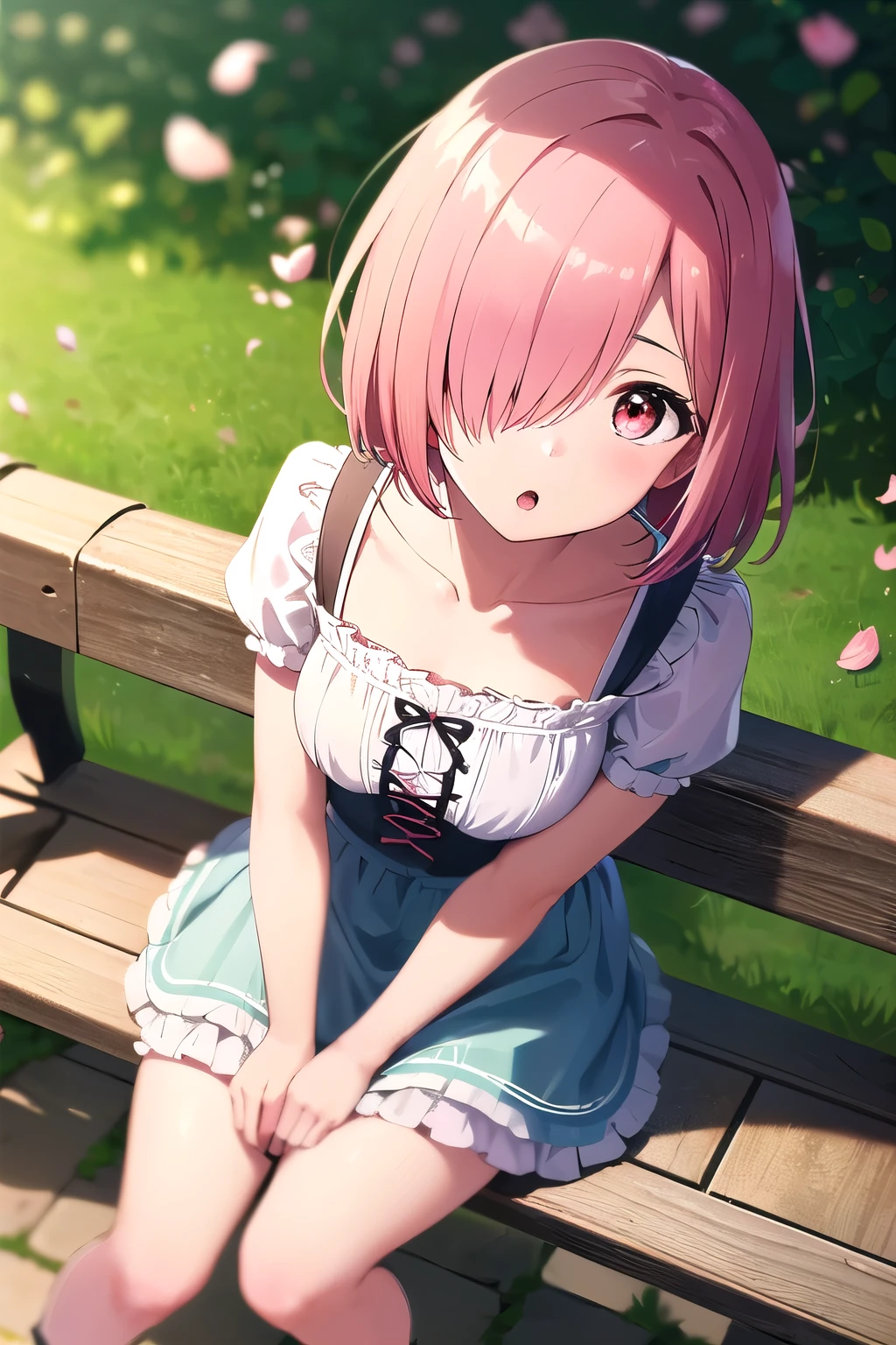 ((solo:1.2)),cute girl sitting on bench in garden,frilled dirndl,from above,looking up,cobblestone pavement,pink hair,fine bob cut,(hair over one eye),(dappled sunlight:1.2),blurry,(depth of field:1.1),head tilt,:o,(petals),tree,butterfly BRAKE