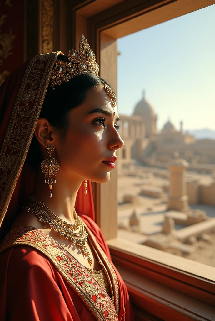 An authentic Iranian woman with a crown, jewels and gold earrings looks at Persepolis from the window of her palace.
