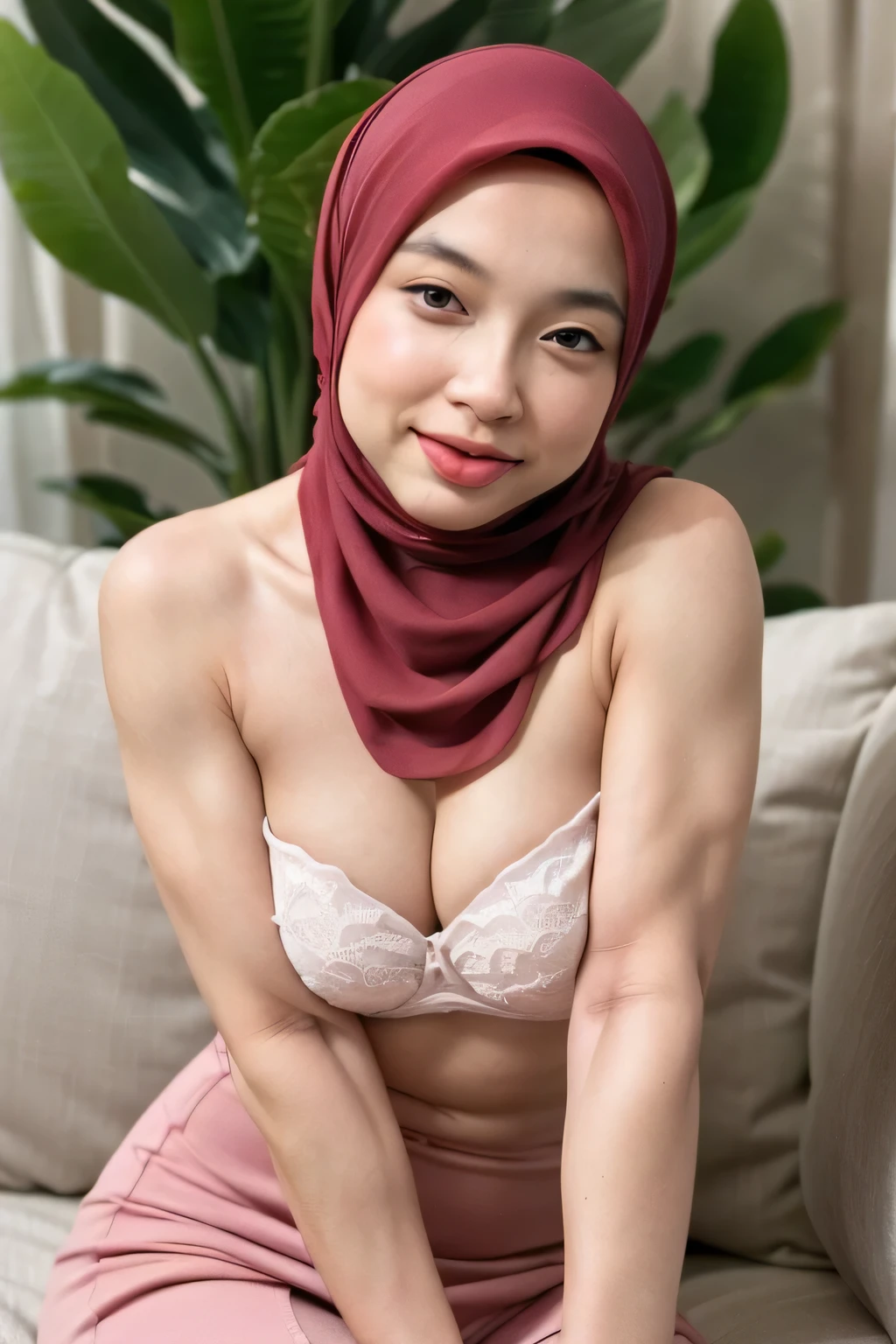 Very very very skinny asian hijab little flat chest, ((medium breast, naked, nsfw)), close up face, dynamic angle, smile showing teeth, photorealistic, high resolution, looking at viewer, sharp focus, detailed, professional lighting, from above