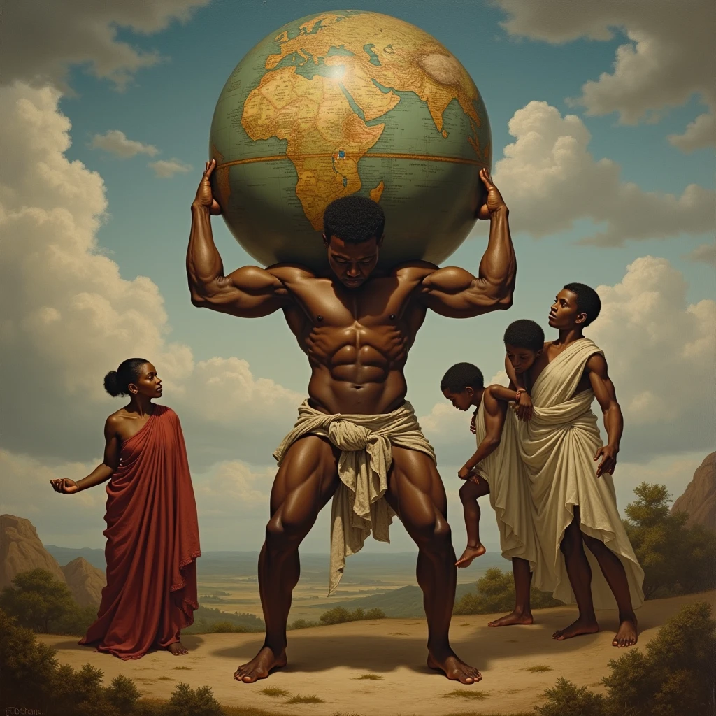 A classically inspired oil painting of an African American male with the world on his shoulders reminiscent of Atlas from Greek mythology, behind him are his black wife and children, conveying a sense of struggle, straining muscles, styles reminiscent of John W Waterhouse, VanDyke, Michaelangelo, Raphael, Leonardo DaVinci, flowing composition