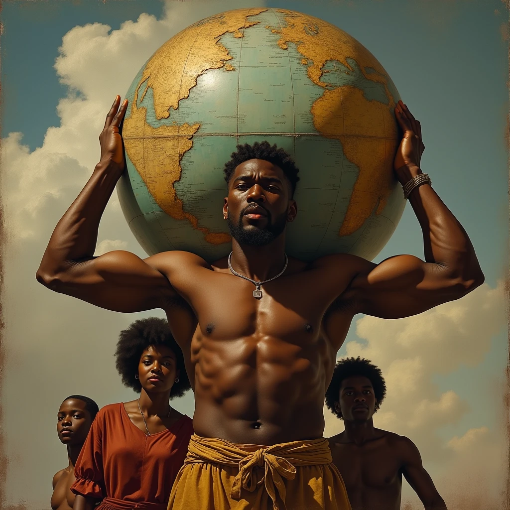 A classically inspired oil painting of an African American male with the world on his shoulders reminiscent of Atlas from Greek mythology, behind him are his black wife and children, conveying a sense of struggle, straining muscles, styles reminiscent of John W Waterhouse, VanDyke, Michaelangelo, Raphael, Leonardo DaVinci, flowing composition