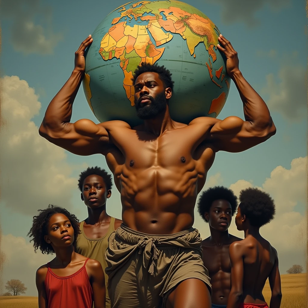 A classically inspired oil painting of an African American male with the world on his shoulders reminiscent of Atlas from Greek mythology, behind him are his black wife and children, conveying a sense of struggle, straining muscles, styles reminiscent of John W Waterhouse, VanDyke, Michaelangelo, Raphael, Leonardo DaVinci, flowing composition