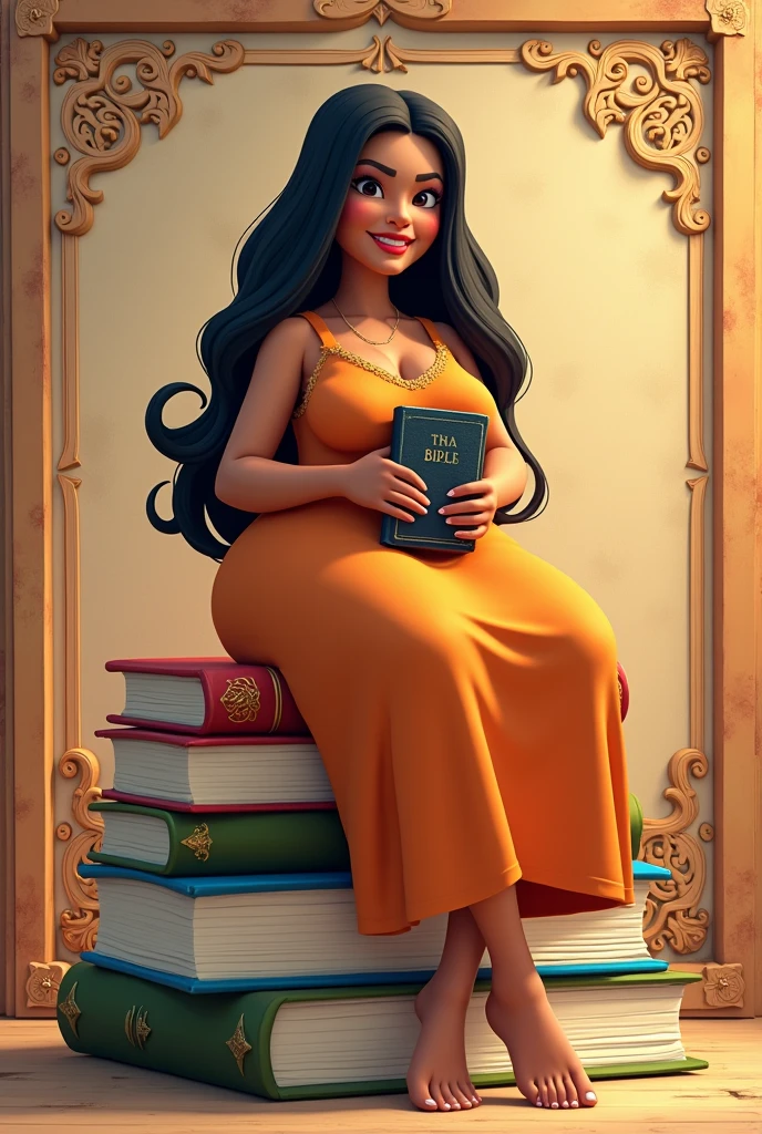 Comando: Create a 3D illustration of an animated Brazilian character sitting casually on top of "textbooks". The character must wear a long dress, long, straight black hair, brunette skin, slanted eyes, very fat and round, and holding a Bible. The background of the image is a beautiful page with the username "Amelia".