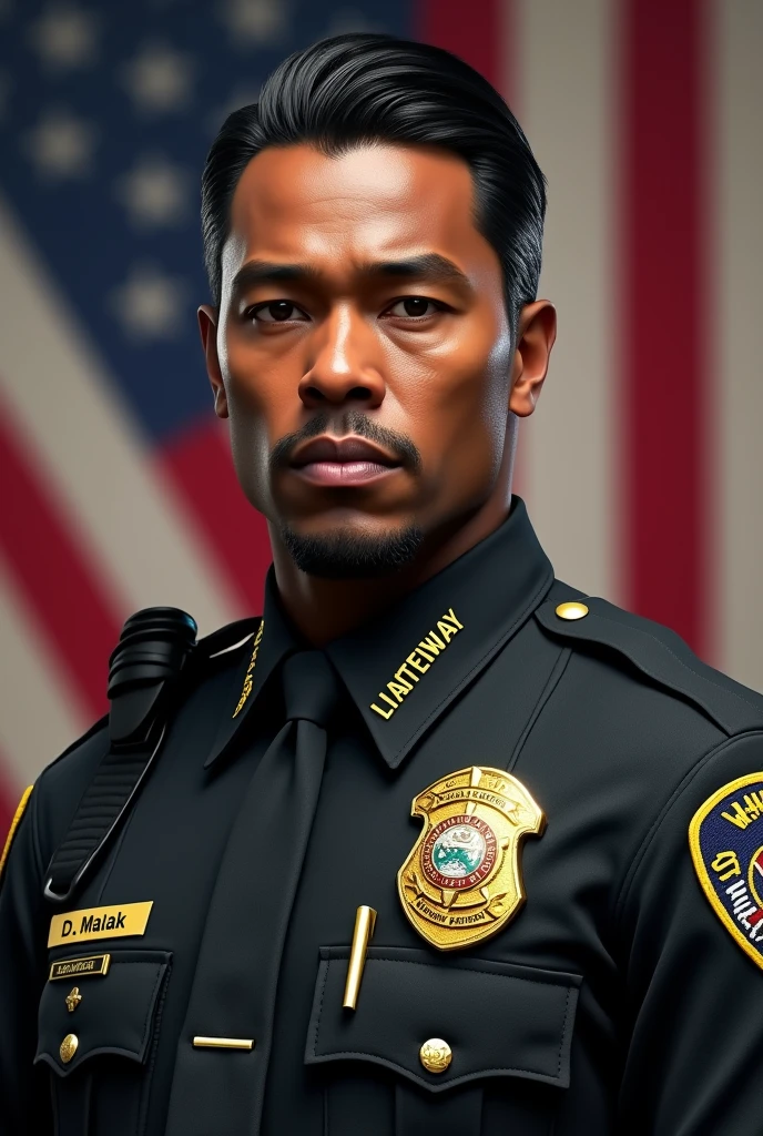 Photo realistic picture from the front. Light skin black male character with slicked back black hair, patch that says San Andreas Highway Patrol, American flag patch on the right arm and department patch on left arm, name on gold name plate on the right side of chest with D. Malak on it, black, grey, and gold uniform with Lieutenant rank insignia on the collars of the uniform shirt, American flag in the background. Ensure that San Andreas Highway patrol is clearly visible