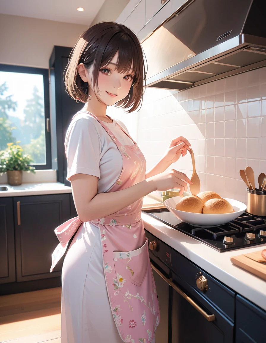 masterpiece, glowing particles, ambient lights, cute, 8K, hdr, high details, perfect lighting, perfect anatomy, BREAK (shiny silver hair), (bob cut, bang between eyes, beautiful hair), (glossy silver eyes:1.5), (beautiful eyes, twinkle eyes, large eyes), (athlete body,large breasts), cute face, beautiful face, pretty face, beautiful, best quality, good anatomy,long eyelashes, expressive eyes, Perfect Hands, perfecteyes, BREAK pink botanical print apron, white shirt, short sleeves, morning, kitchen, happy, smile, making sandwitches