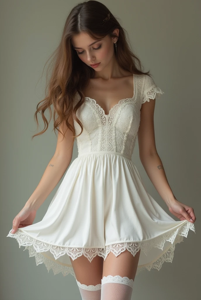 realistic girl in very short white dress, stands half-turned to the viewer, slightly lowering his head and looking down shyly, white lace stockings on legs, photorealism, Best quality, long wavy hair, holds the skirt up with her hands