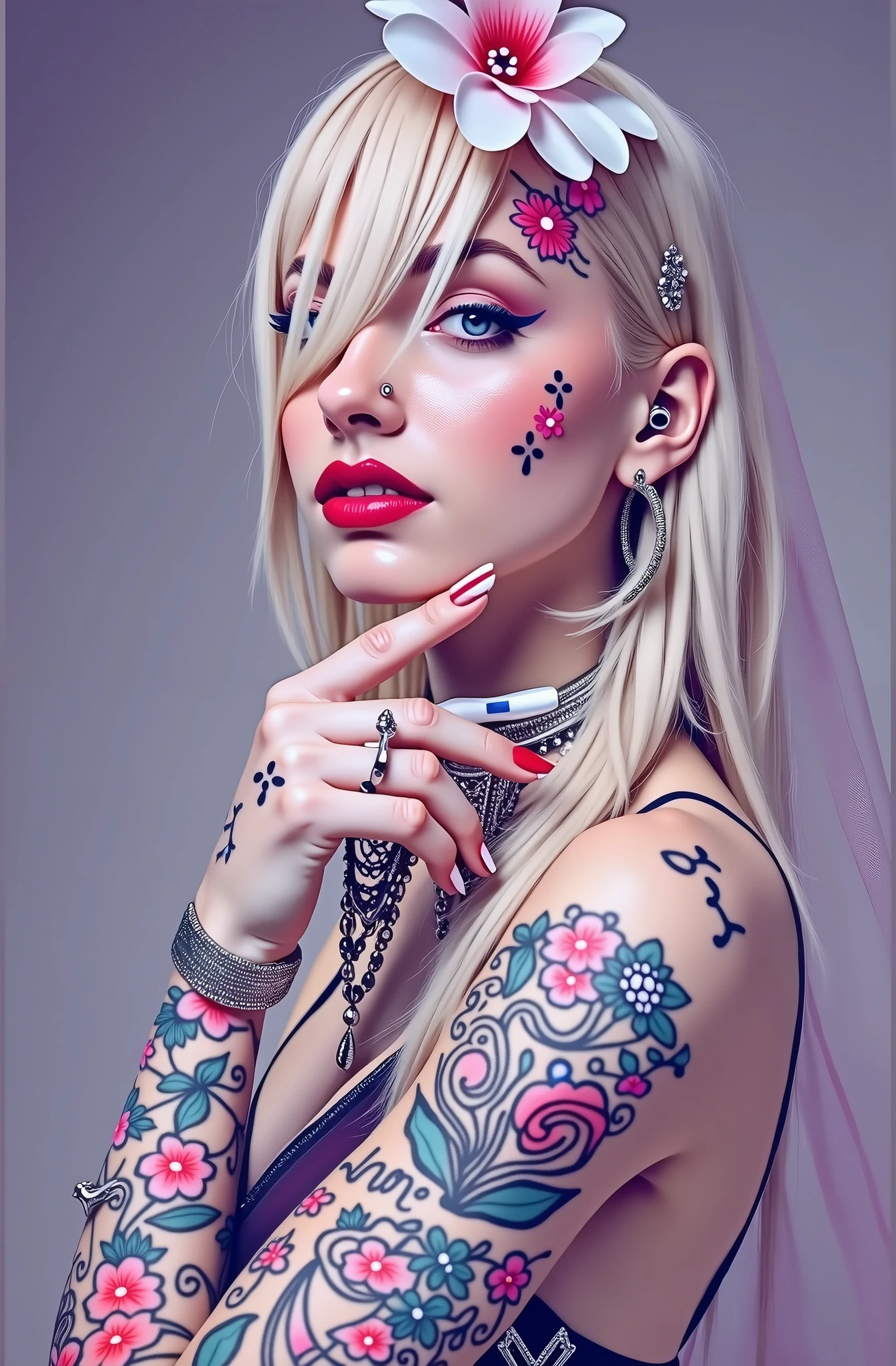 uma mulher vestida com um véu e uma flor no cabelo, roupas de rock, tatuagens and piercings, with tatuagens, tatuado, foto de retrato, tatuado skin, tatuado face, tatuado pinup, tatuagens all over the skin, Glamour colorido do retrato, estilo de tatuagem, tatuado, estúdio de tatuagem foto, tatuagens, tinta de tatuagem, com tatuagem facial, tatuagem, face tatuagens, tatuagem azul e vermelha, ultra realista, streaked hair, blonde hair, hair over shoulder, dashed eyes, seductive smile, red lips, social media composition, dutch angle, Nikon, high quality, UHD, anatomically correct, 8k