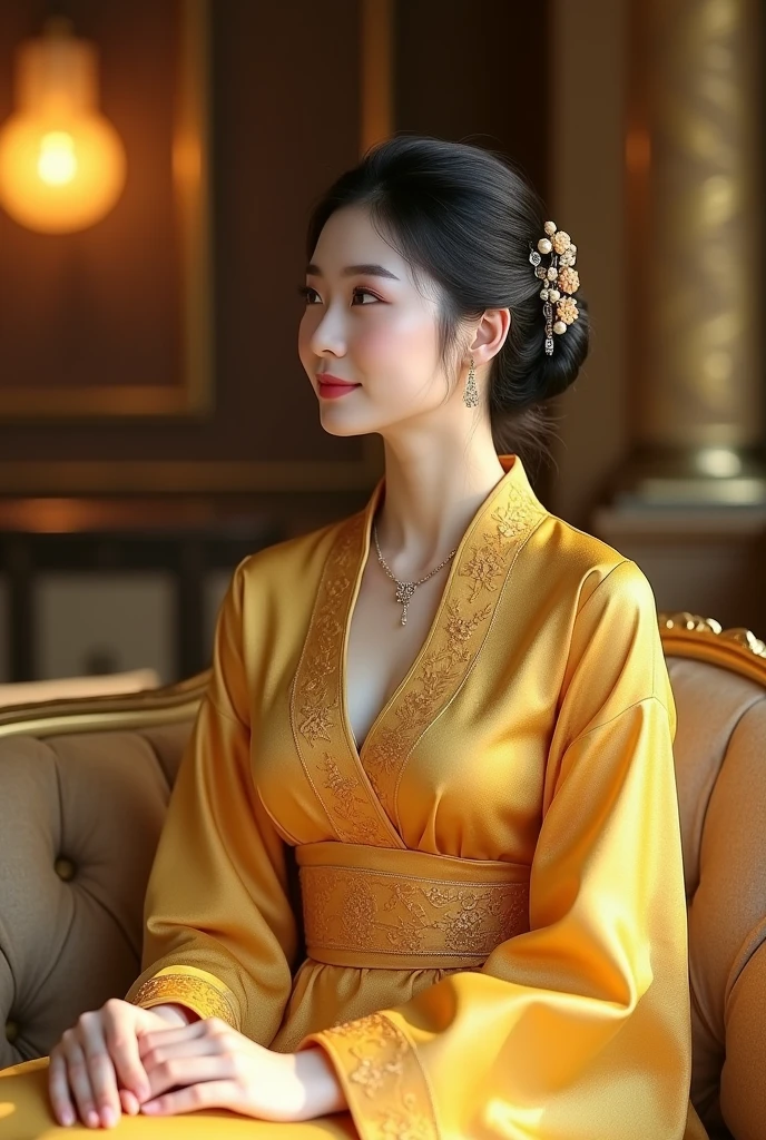 Beautiful Korean Women,smooth white skin, well-groomed face,Korean style black hair bun, hair accessories.lengkap,,yellow gold brocade kebaya, current,complete jewelry,elegant sitting pose, a very luxurious sofa, smiled faintly,Background, luxurious gold colored room. 
