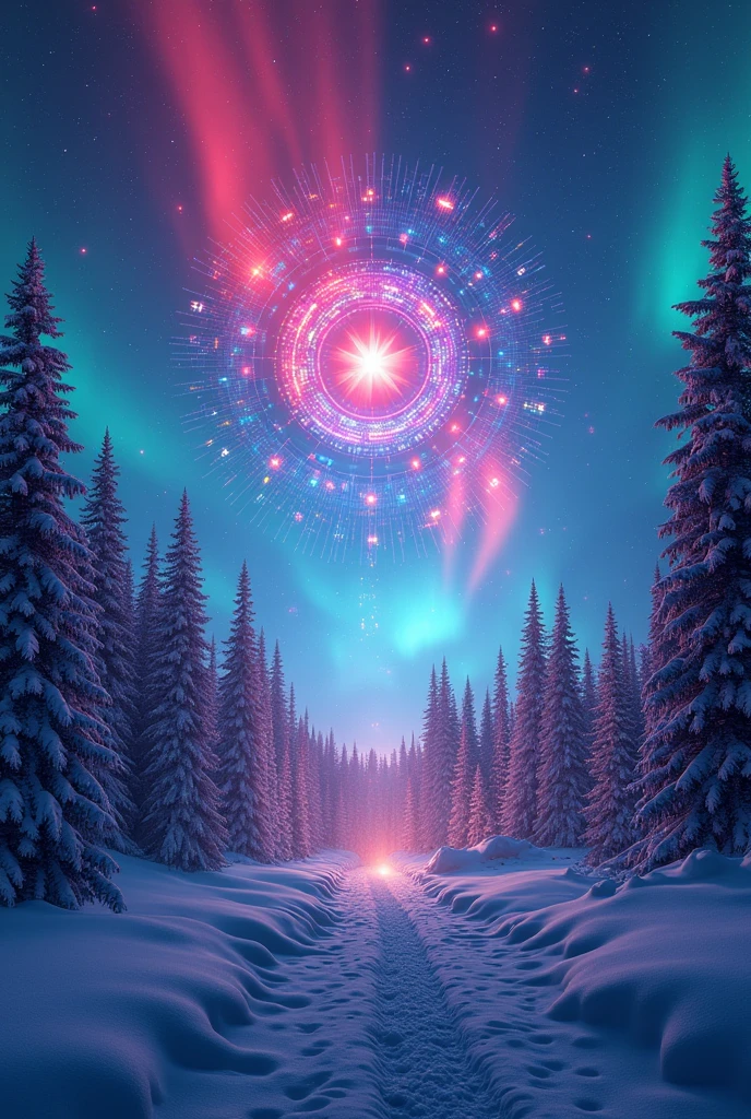 A poster , with very very funky and colourfull and unique background with a mix of digital world and Northern lights, make it dreamy, artistic, realistic, aesthetic.. Make it more digital unique , funky , digitalize , technology with mix of colourful northern Aurora lights 
Add a digital or technology logo in the middle
Add a text  in a funky text in the middle in big letters AURORA , in the middle 
Make it artistic , realism , digital, unique, funky 
